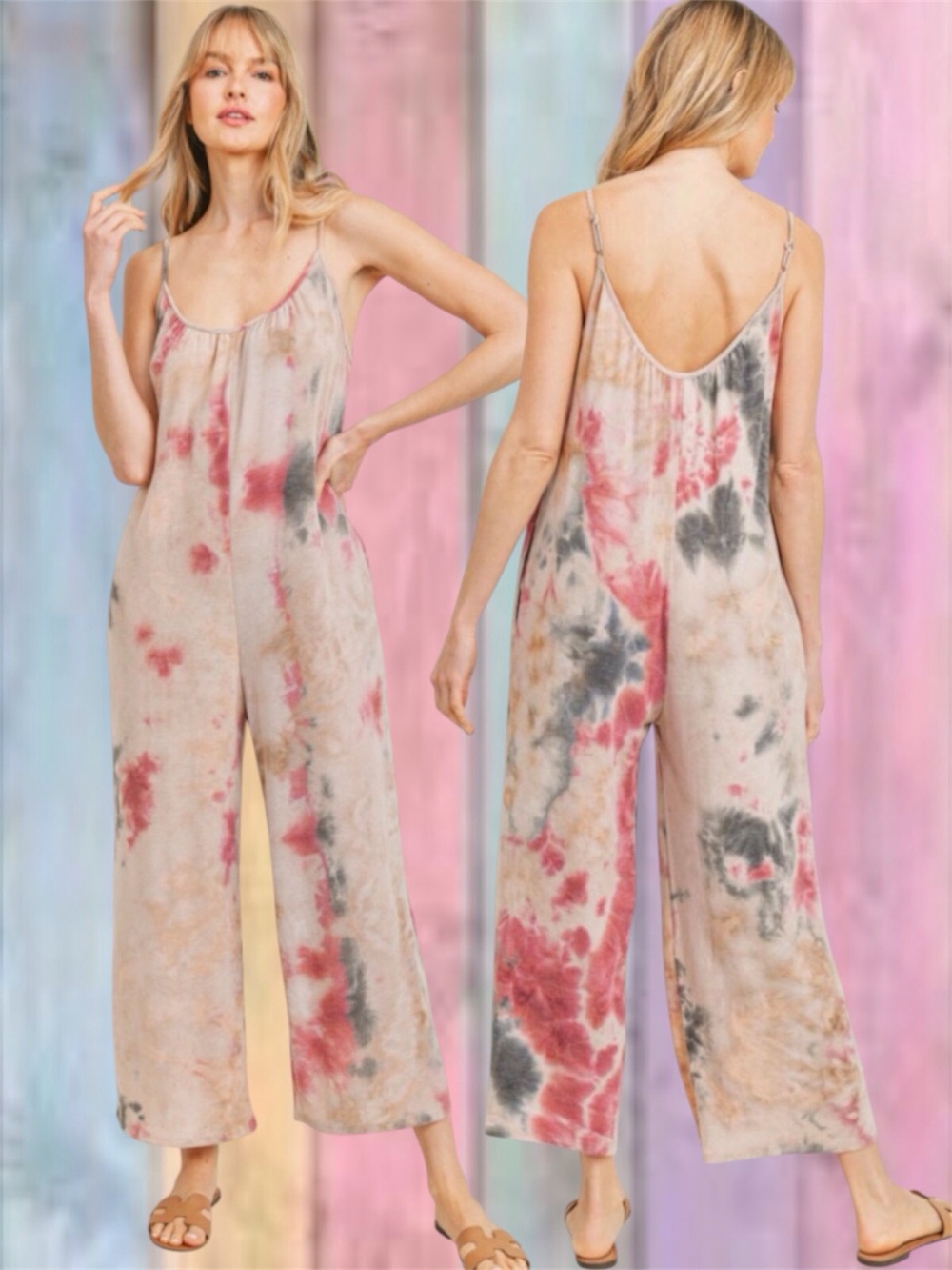 Cherish Tan Gray Tie Dye French Terry Culotte Wide Leg Jumpsuit NWT
